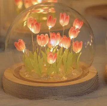 DIY Tulip Flower Night Light With Glass Cover Bedside Light LED Night Lamp Table Desk Lamp Home Decor USB Mood Light Xmas Gifts.