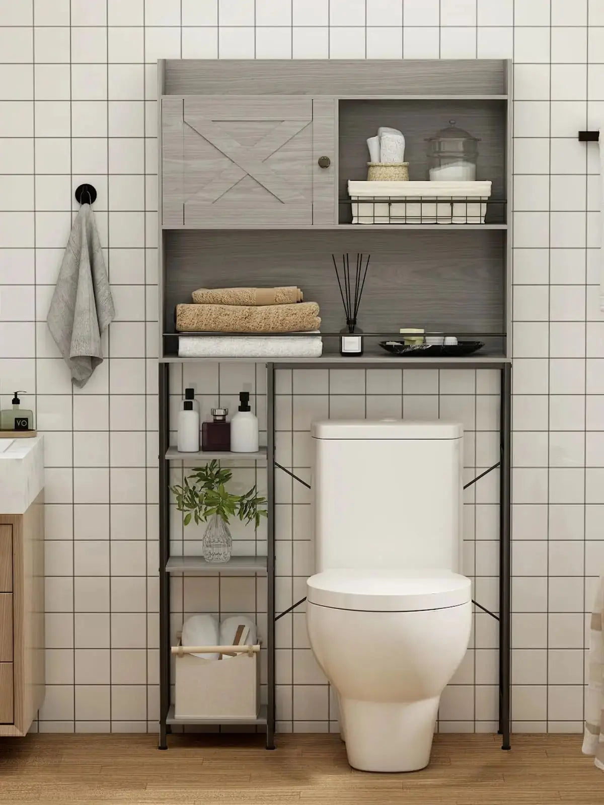 1 Pc Toilet Storage Cabinet Farmhouse Storage Cabinet Over Freestanding Space Saver Shelf Toilet Rack for Bathroom Laundry Grey.