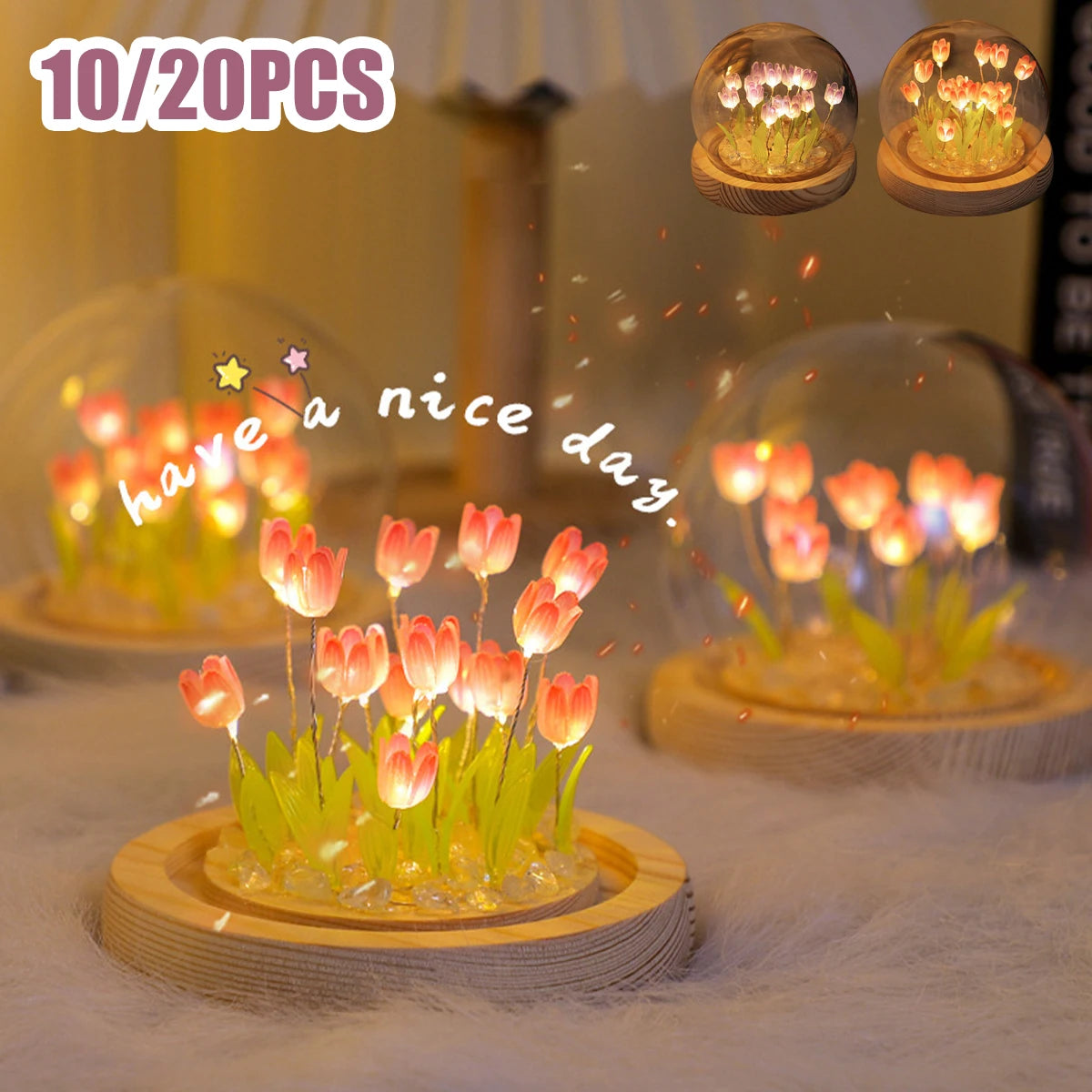 DIY Tulip Flower Night Light With Glass Cover Bedside Light LED Night Lamp Table Desk Lamp Home Decor USB Mood Light Xmas Gifts.