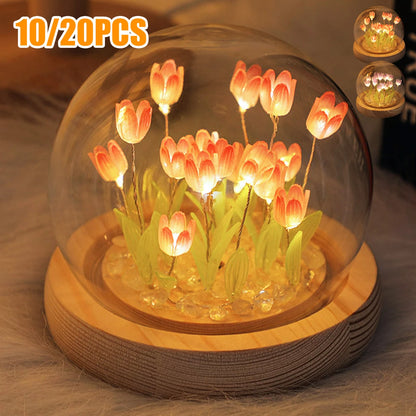 DIY Tulip Flower Night Light With Glass Cover Bedside Light LED Night Lamp Table Desk Lamp Home Decor USB Mood Light Xmas Gifts.