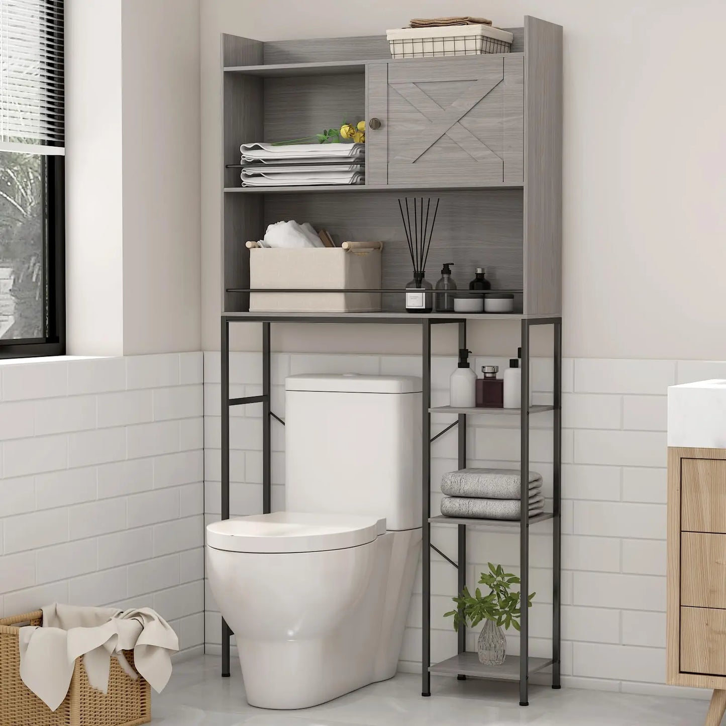 1 Pc Toilet Storage Cabinet Farmhouse Storage Cabinet Over Freestanding Space Saver Shelf Toilet Rack for Bathroom Laundry Grey.