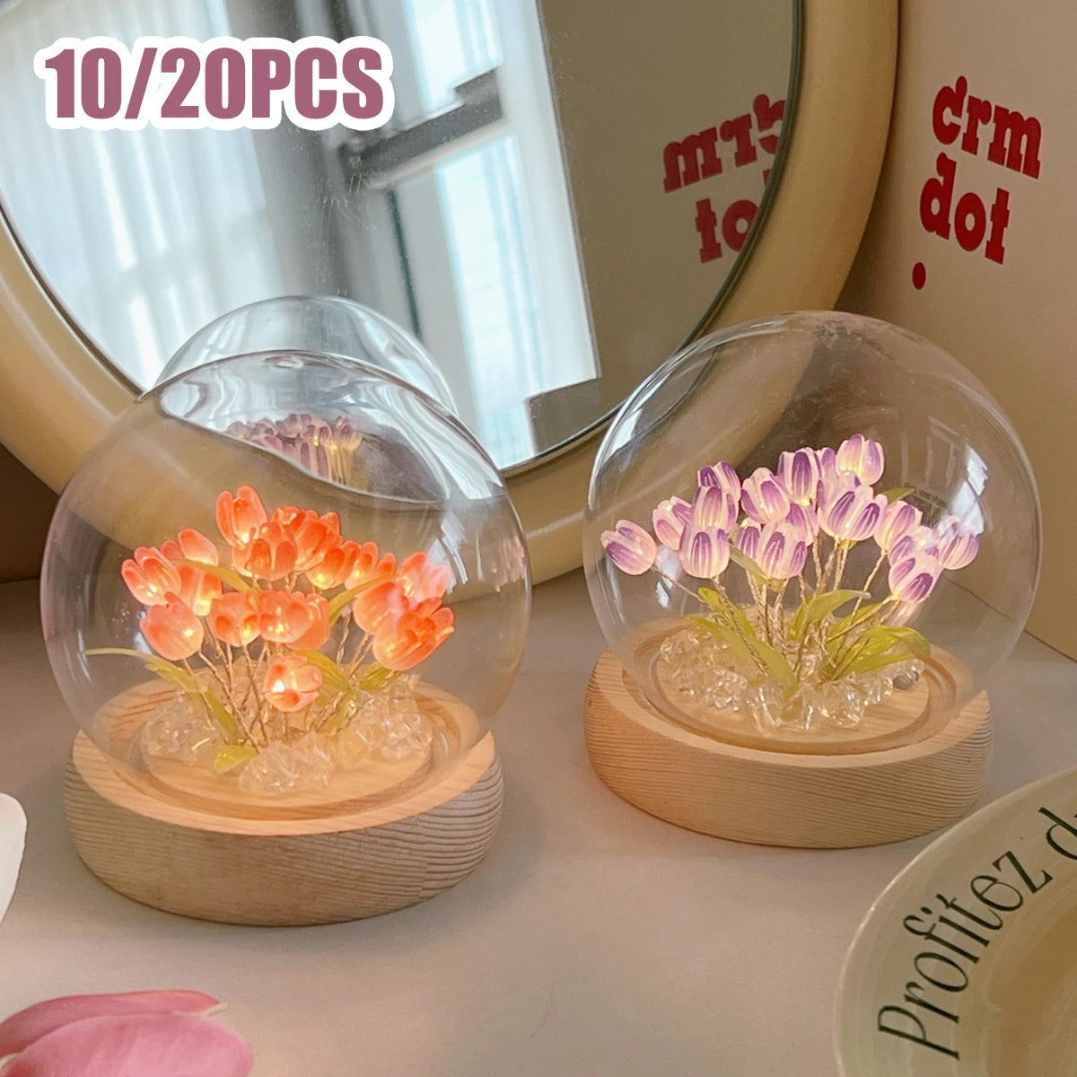 DIY Tulip Flower Night Light With Glass Cover Bedside Light LED Night Lamp Table Desk Lamp Home Decor USB Mood Light Xmas Gifts.