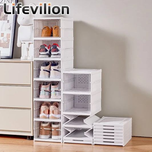 6 Layers Shoes Box Foldable Transparent Sneaker Shoe Storage Organizers Box Stackable Dustproof High-top Cabinet Shoe Rack Shelf.