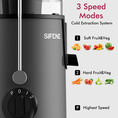 Easy-Clean Juicer, 3" Wide Rapid Fruit and Vegetable Juicing, 3 Speed Settings, BPA-Free, Stainless Steel, Gray.