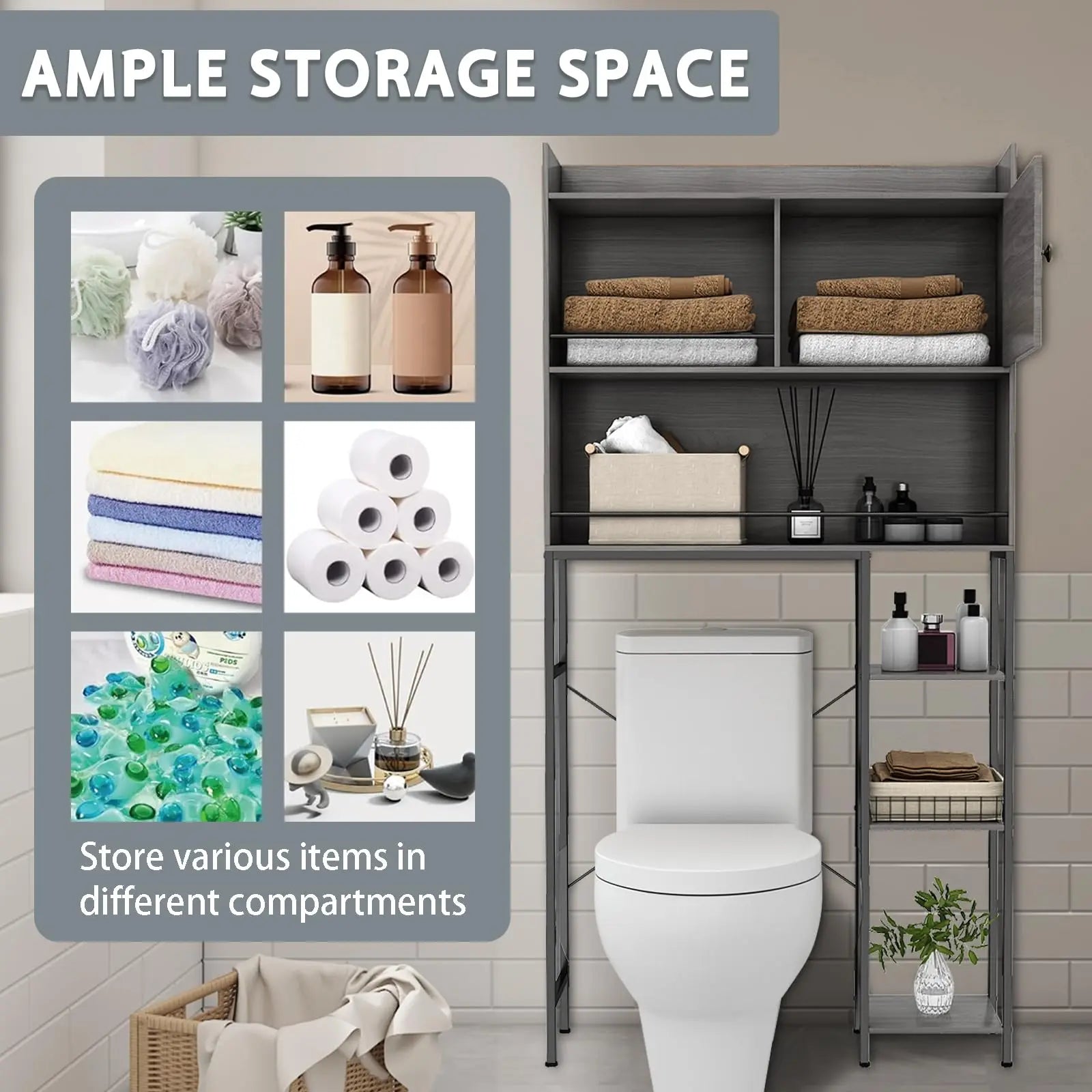 1 Pc Toilet Storage Cabinet Farmhouse Storage Cabinet Over Freestanding Space Saver Shelf Toilet Rack for Bathroom Laundry Grey.